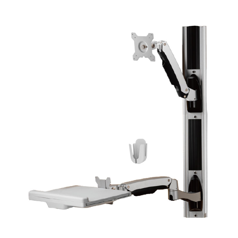 ARES-5112D is a rail wall-mounted workstation with keyboard tray that is compatible with 75 x 75mm or 100 x 100mm VESA patterns.